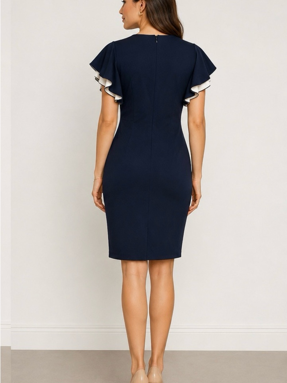 Lauren Ralph Lauren Navy Midi Sheath Dress with White-Trim Flutter Sleeves - Picture 2 of 8